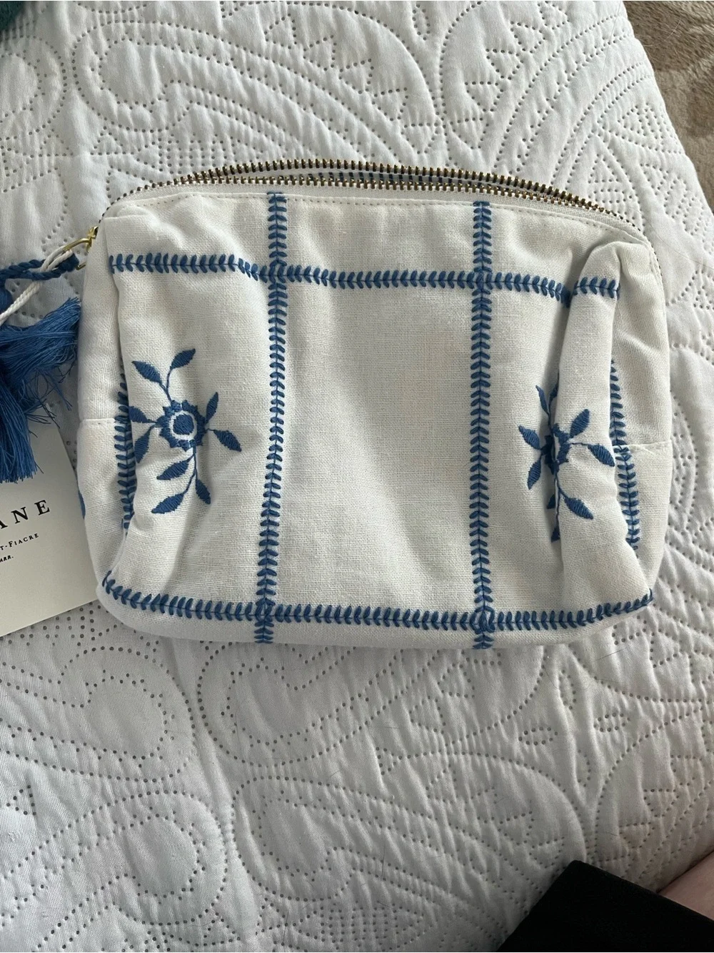 Sezane white and blue embroidery zip makeup bag